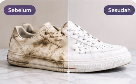 Perbandingan sneakers putih penuh noda (kiri) dan bersih (kanan) setelah deep cleaning