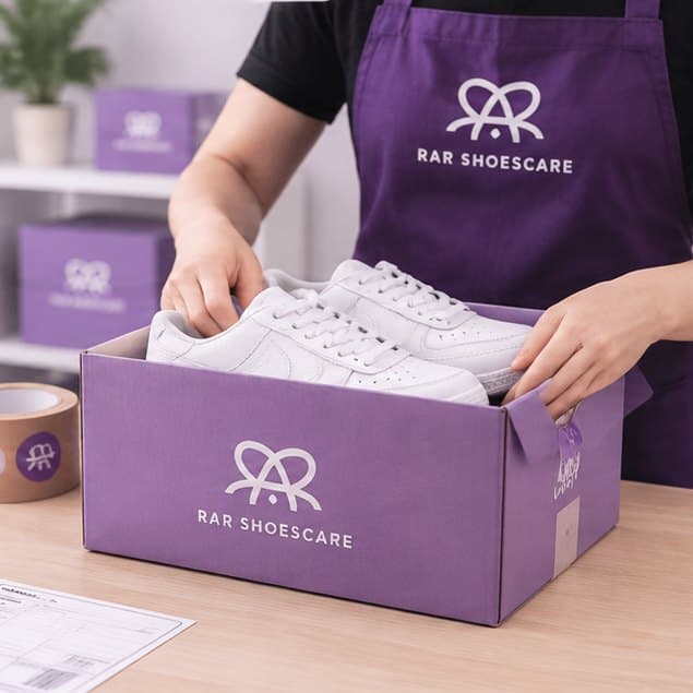 Staf RAR Shoescare mengemas sneakers putih yang sudah bersih ke dalam kardus RAR