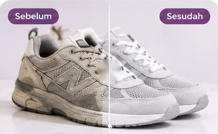 Perbandingan running shoes kusam (kiri) dan bersih (kanan) setelah fast cleaning