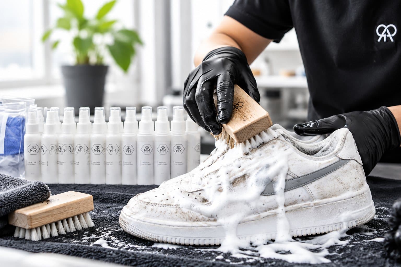 Petugas RAR Shoescare menyikat sneakers putih yang kotor dengan busa pembersih